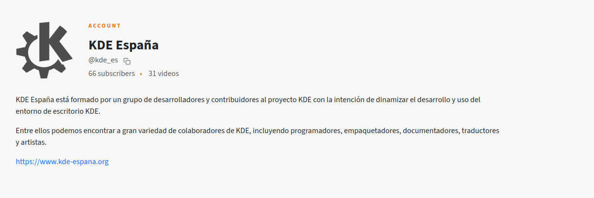 Banner superior de la cuenta de KDE España en la instancia propia de Peertube:
kde_es@tube.kockatoo.org
